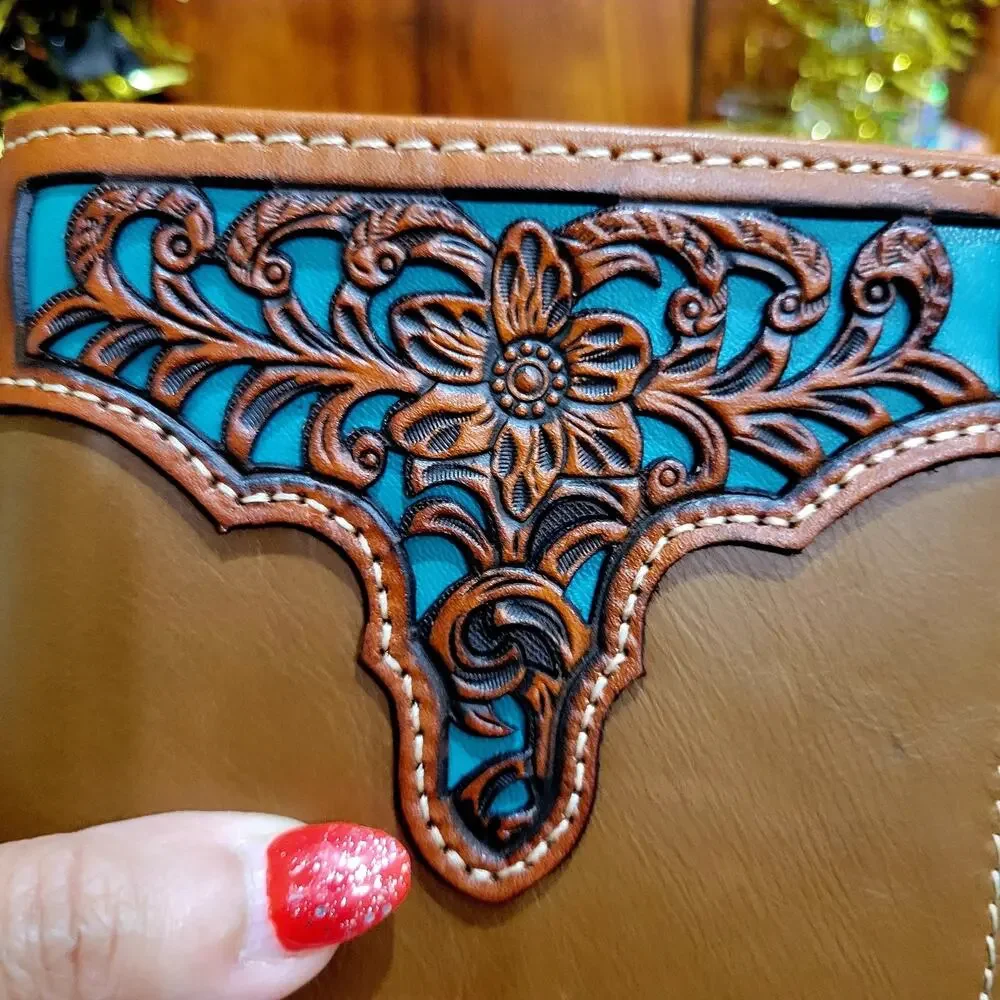 Western Mens wallet Western GENUINE LEATHER Short Lasercut Layered Tan & Teal